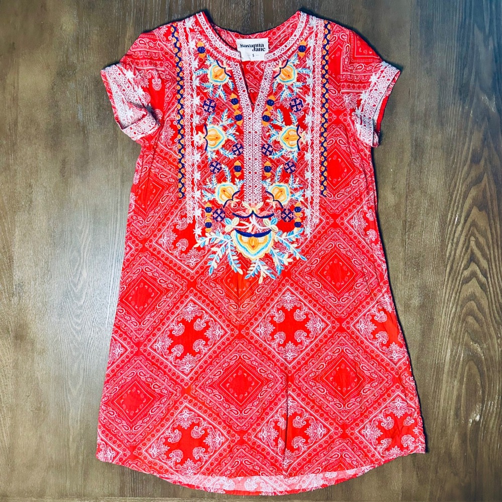 Savannah Jane Red Embroidered‎ Bandana Print Tunic Dress Size S Bohemian